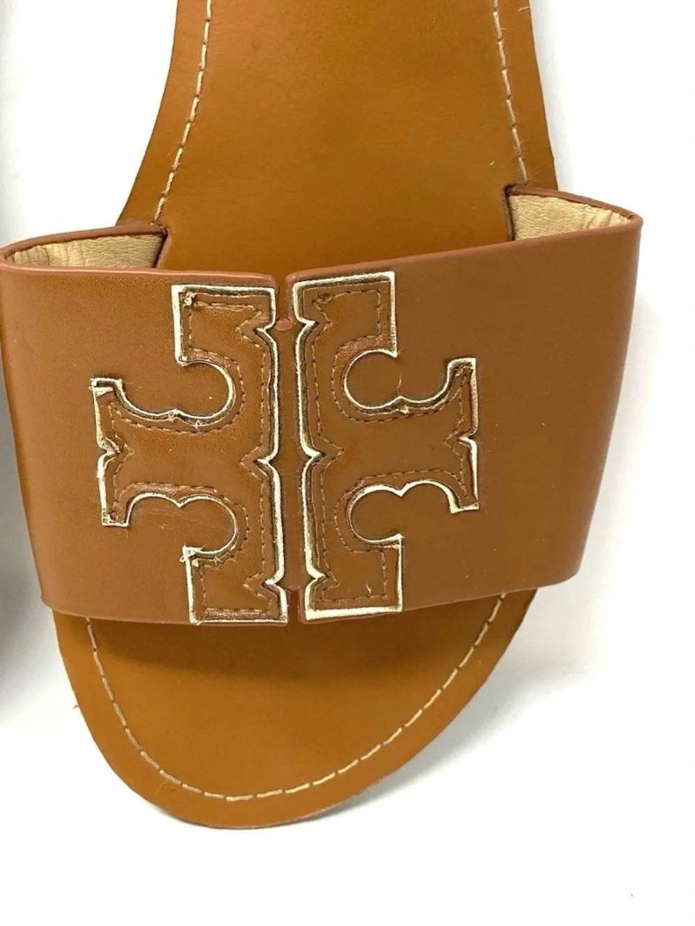 Tory Burch Ines Large Logo Slide Leather Flat Sandals Brown Gold EUR 40 / US 10